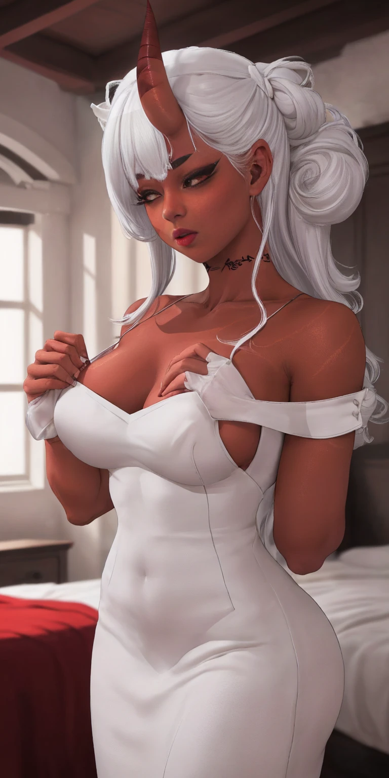 1 girl, (((oni girl))), (((red skin))), horns, white hair, ((maid)), (solo female), white maid apron, maid headdress, maid skirt, (((victorian maid dress))), puffy sleeves, fascinated expression, full body portrait, inside mansion, bedroom background