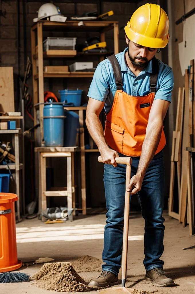 Drawing of person sweeping with safety helmet in workshop