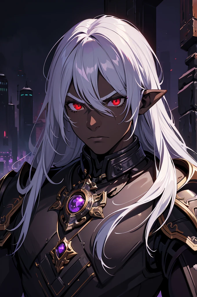 masterpiece, best quality, ultra high res, dark theme, 1boy, (dungeonpunk armor), (mechanical steampunk armor), (wearing armor), fantasy illustration, dark skinned, human, upper body, portrait, red eyes, long white hair, half-drow, pointy ears, serious face, young man, dramatic lighting, purple hue, art by Kinema Citrus