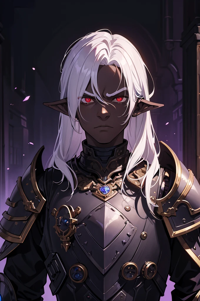 masterpiece, best quality, ultra high res, dark theme, 1boy, (dungeonpunk armor), (mechanical steampunk armor), (wearing armor), fantasy illustration, dark skinned, human, upper body, portrait, red eyes, long white hair, half-drow, pointy ears, serious face, young man, dramatic lighting, purple hue, art by Kinema Citrus