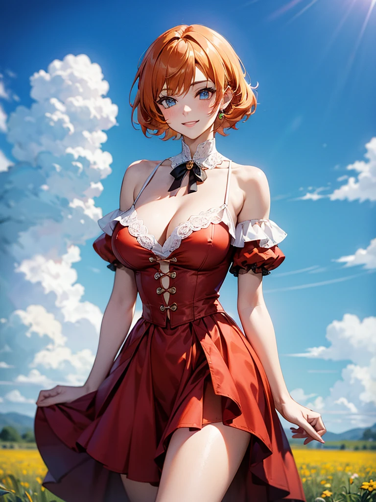 (solo), (red dress), (victorian dress), (smile), pale skin, (pale), outdoors, large breasts, happy, radiant glow, ((cowboy shot)), (holy aura), orange hair, ginger hair, bare shoulders, greenlands, open plains for background