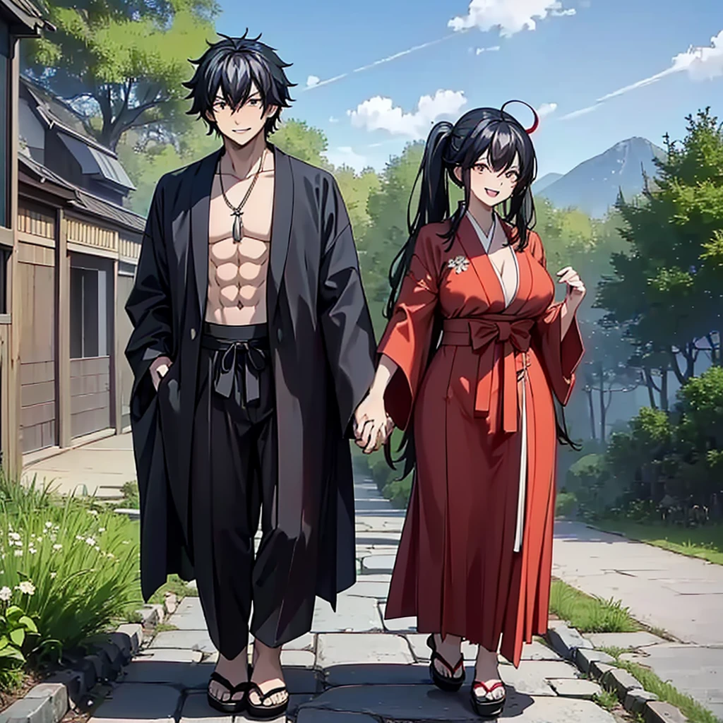 A man with his wife holding hands, smiling, (man wearing black hakama with traditional white details, traditional Japanese footwear, black hair, black eyes, muscular, smiling, perfect face, standing upright) (a woman wearing red kimono with golden details, flower design on the kimono, large breasts, black hair, long hair, pigtails, smiling, red eyes, standing posture), a man and his wife on a stone concrete sidewalk, traditional Japanese forest , Japanese garden, blue sky with clouds,UHD, masterpiece, accurate, anatomically correct, textured skin, super detail, high quality, best quality, 8k, high resolution, bokeh effect. (just a man with his wife),