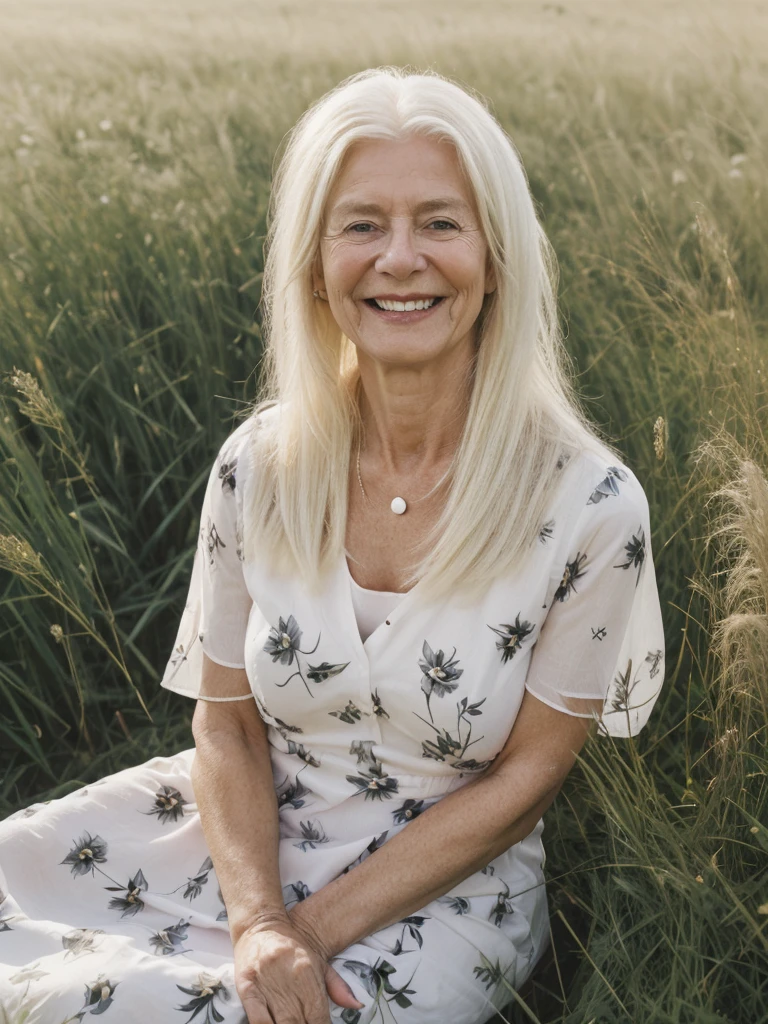 A realistic, photorealistic image of Felicidad, (an 80-year-old Finnish woman), (((white blonde and medium length hair))), smiling, ((taking a portrait outside a grass field in Switzerland)), (((round face))), ((wearing printed black dress)), (((slim))), ((thin hairline)), (((deep chest bones)))
