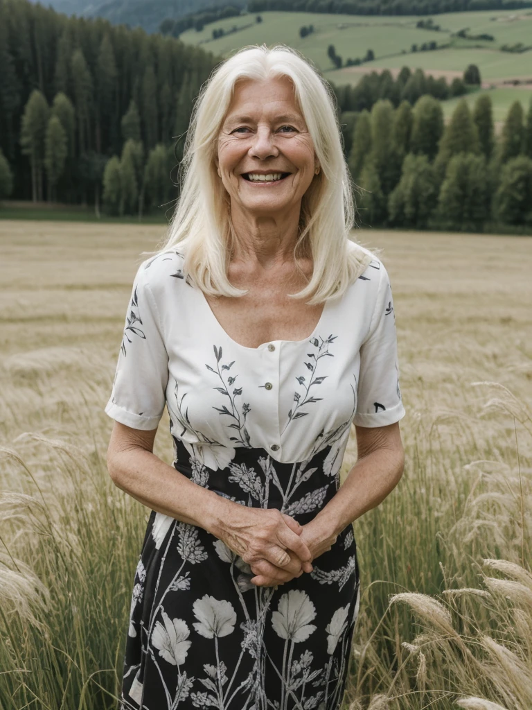A realistic, photorealistic image of Felicidad, (an 80-year-old Finnish woman), (((white blonde and medium length hair))), smiling, ((taking a portrait outside a grass field in Switzerland)), (((round face))), ((wearing printed black dress)), (((slim))), ((thin hairline)), (((deep chest bones)))