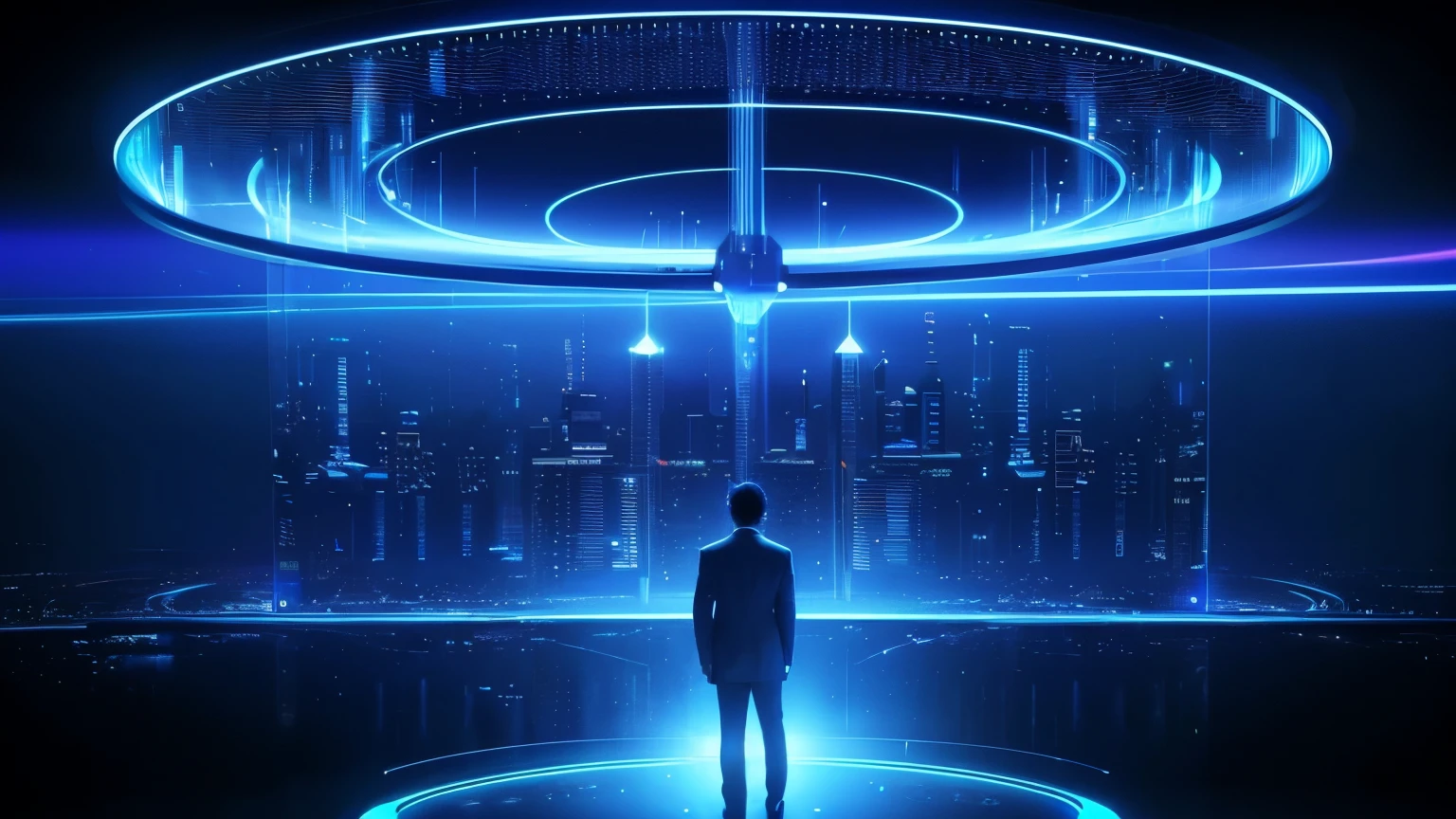 technology blue future technology digital future lighting scene business background,There is a virtual interface above, , Holographic interface, large cyberarrays data holograms, data holograms, technology, large arrays data holograms, technology与AI in harmony, Computers and holograms, holographic display lenses,, Holographic projection