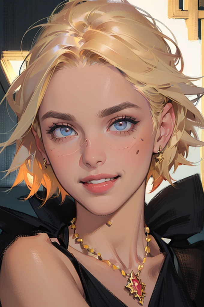 (close-up portrait of woman's face:1.4),((ultra realistic illustration:1.2)),Athletic blonde woman, (short hair), tomboy, cute, ((playful smile)), Red lipstick,necklace, black evening dress, belt, high heels.Masterpiece, best quality,(highly detailed:1.2),(detailed face and eyes:1.2), 8k wallpaper, depth of field, natural lighting. core shadows, high contrast, bokeh.