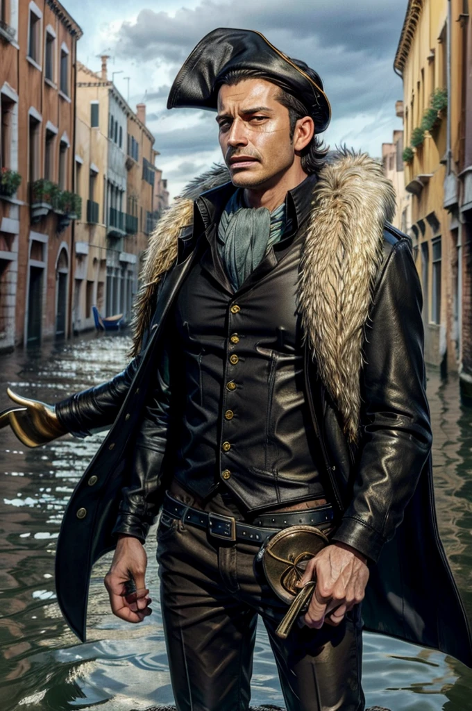 masterpiece, best quality, extremely detailed, hyperrealistic, photorealistic, a cool 40s man, ultra detailed face:1.2, fur-trimmed coat, scarf around the neck, his left hand is a golden pirate hook:1.1, venice, flood, the street is underwater, building destroyed, cloudy sky, dynamic angle, gritting own teeth, surprised