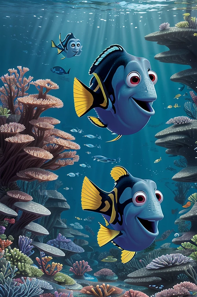 Create an animated image like the cover of Finding Dory, but what to say "looking for Heidi" with a female freckled chubby fish, It looks like he has a little wavy hair. (almost nothing) .