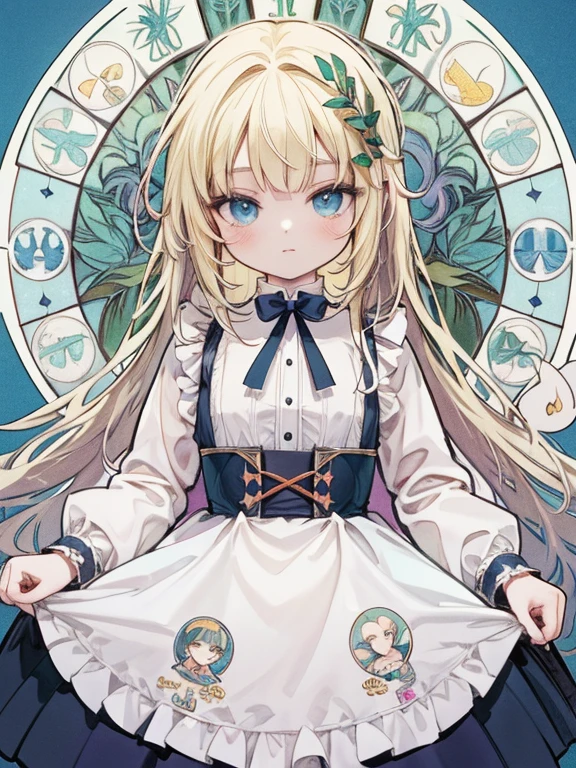 masterpiece, Highest quality, Very detailed, 16K, Ultra-high resolution, Cowboy Shot, Alice in Wonderland, (by Alfons Mucha:1.5), ****************, Detailed face, blue eyes, blonde, Braiding, Long Hair, Ribbon on head, Blue clothes, White apron, 大きなclockのある部屋で, clock, 壁clock, Music Box