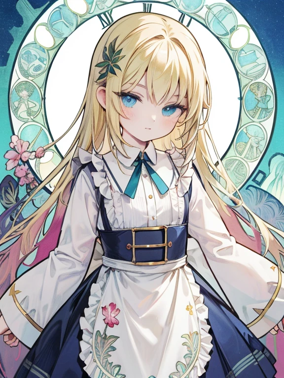 masterpiece, Highest quality, Very detailed, 16K, Ultra-high resolution, Cowboy Shot, Alice in Wonderland, (by Alfons Mucha:1.5), ****************, Detailed face, blue eyes, blonde, Braiding, Long Hair, Ribbon on head, Blue clothes, White apron, 大きなclockのある部屋で, clock, 壁clock, Music Box