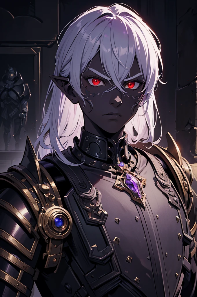 masterpiece, best quality, ultra high res, dark theme, 1boy, (dungeonpunk armor), (mechanical steampunk armor), (wearing armor), fantasy illustration, dark skinned, human, upper body, portrait, red eyes, long white hair, half-drow, pointy ears, serious face, young man, dramatic lighting, purple hue, art by Kinema Citrus