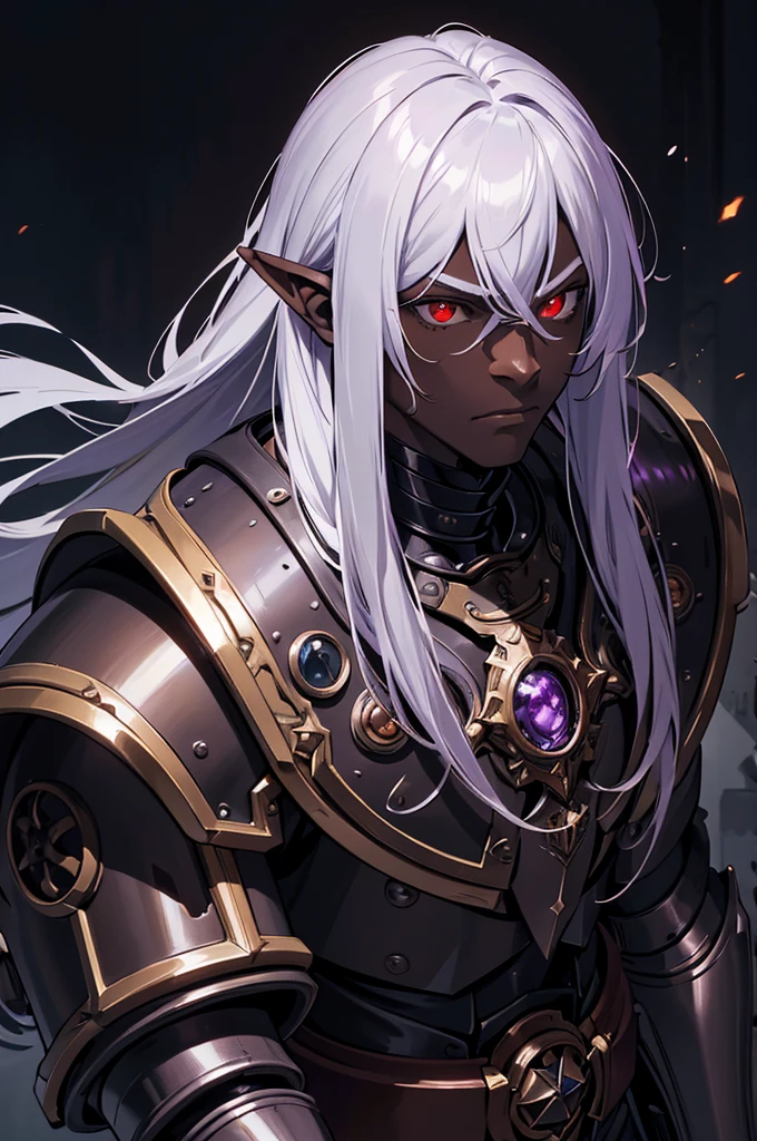 masterpiece, best quality, ultra high res, dark theme, 1boy, (dungeonpunk armor), (mechanical steampunk armor), (wearing armor), fantasy illustration, dark skinned, human, upper body, portrait, red eyes, long white hair, half-drow, pointy ears, serious face, young man, dramatic lighting, purple hue, art by Kinema Citrus