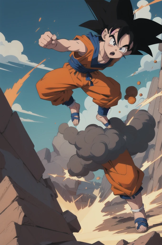 Manga style, illustration, line art style, high quality, manga masterpiece, highres, very detailed, digital illustration, small Kid Goku, Dragonball, black hair, spiked hair, real goku clothes orange color , dougi, solo male , outdoors,fighting,