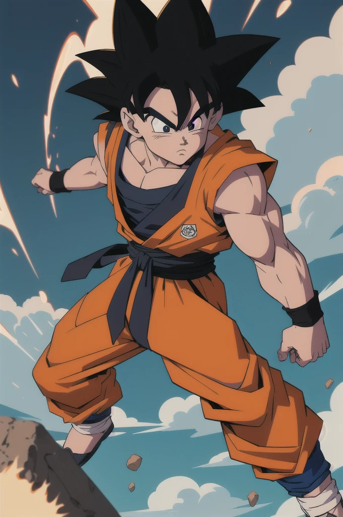 Manga style, illustration, line art style, high quality, manga masterpiece, highres, very detailed, digital illustration, small Kid Goku, Dragonball, black hair, spiked hair, real goku clothes orange color , dougi, solo male , outdoors,fighting,