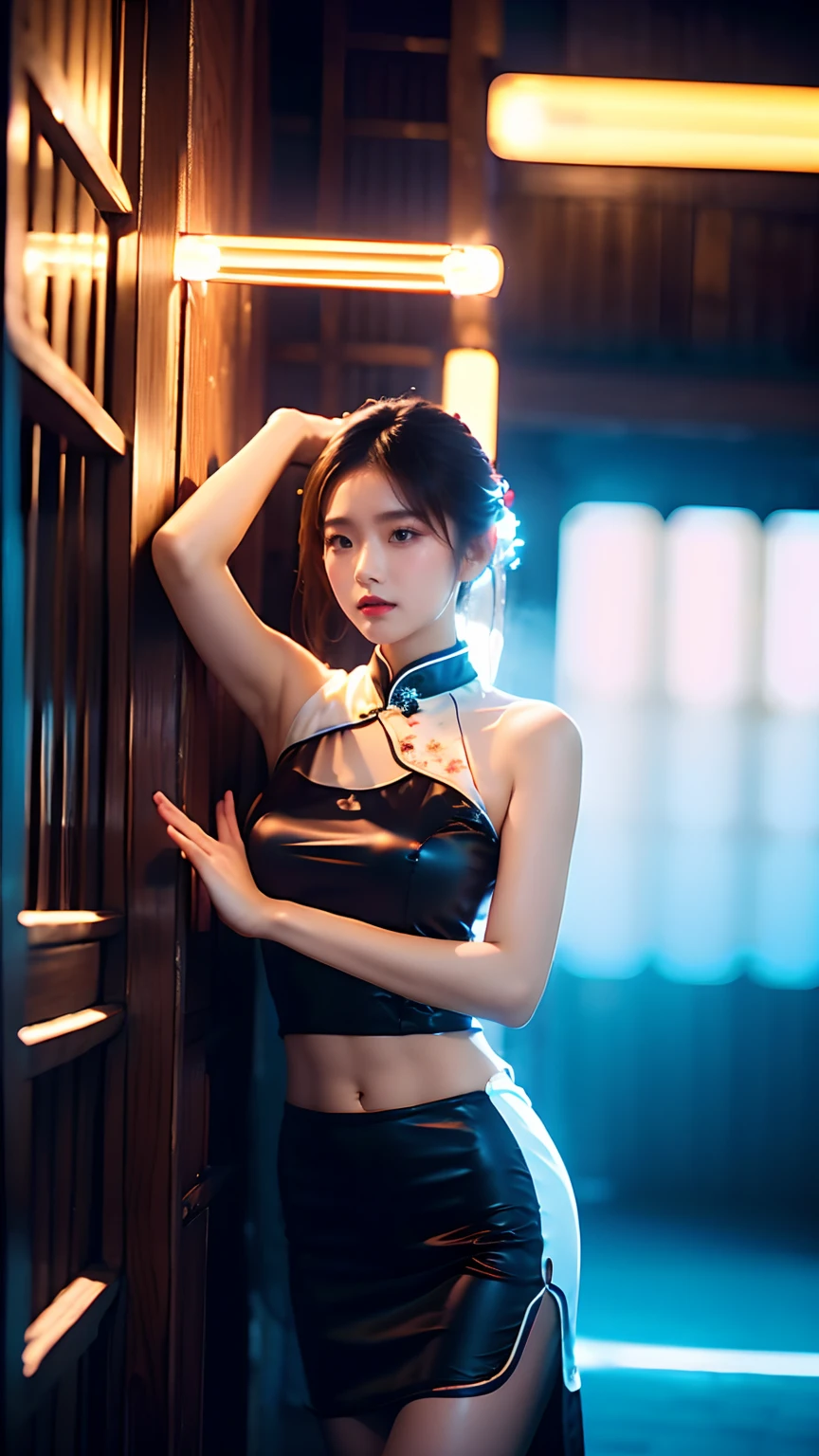 Best quality,masterpiece,16K,A girl,Wearing a black cheongsam,Leaning against the wall,Film quality,smoke,Neon,Luminescence,Multiple light sources,High light-dark contrast,night