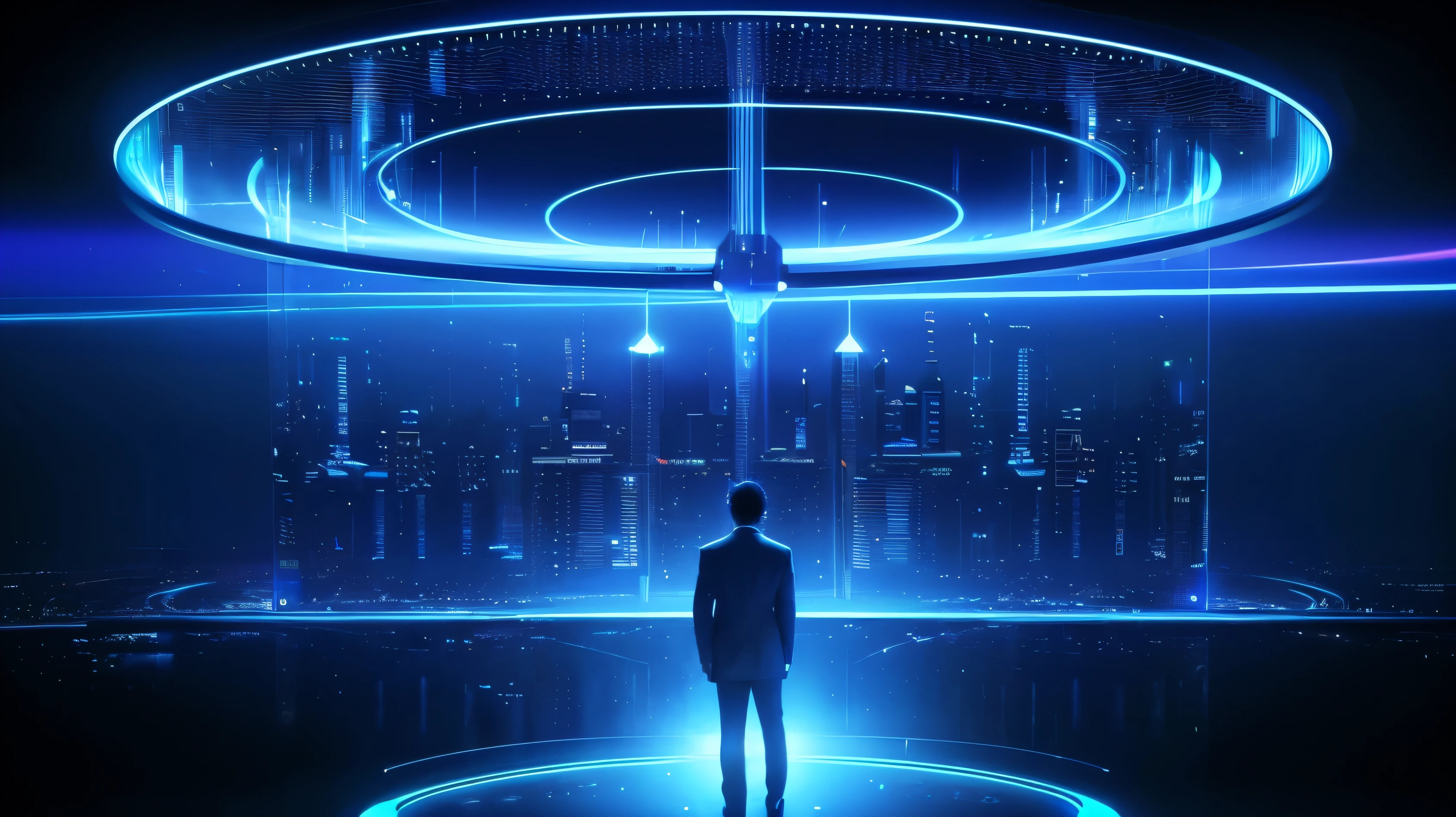 technology blue future technology digital future lighting scene business background，There is a virtual interface above, , Holographic interface, large cyberarrays data holograms, data holograms, technology, large arrays data holograms, technology与AI in harmony, Computers and holograms, holographic display lenses,, Holographic projection