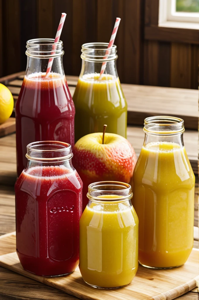 Natural fruit juices in fruit-shaped glass containers