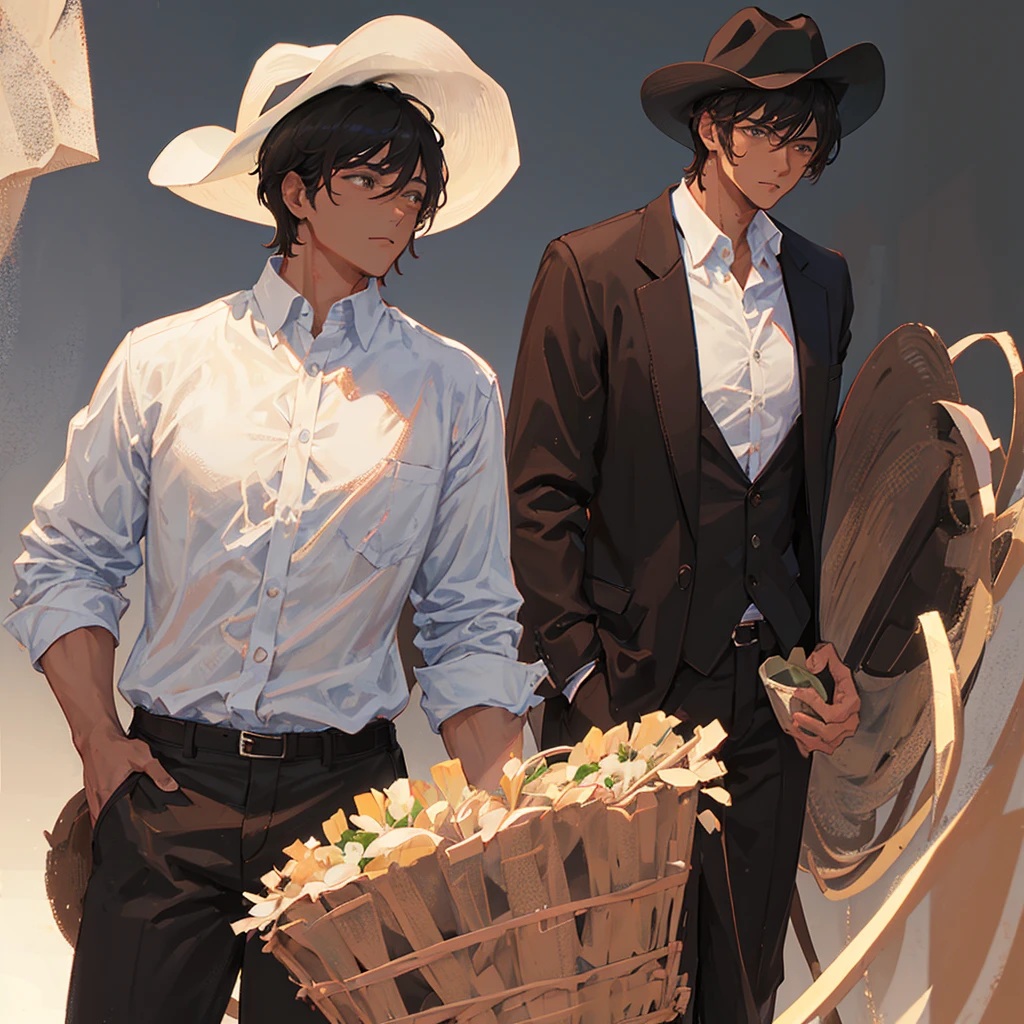 A male,Black short hair,Handsome,Wearing a white shirt,Wearing a brown cowboy hat,Cold,((Plain brown background))
