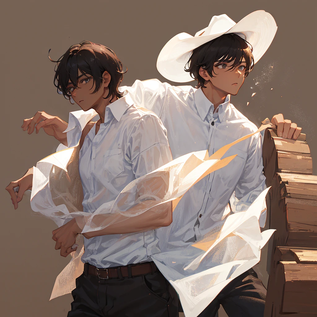 A male,Black short hair,Handsome,Wearing a white shirt,Wearing a brown cowboy hat,Cold,((Plain brown background))