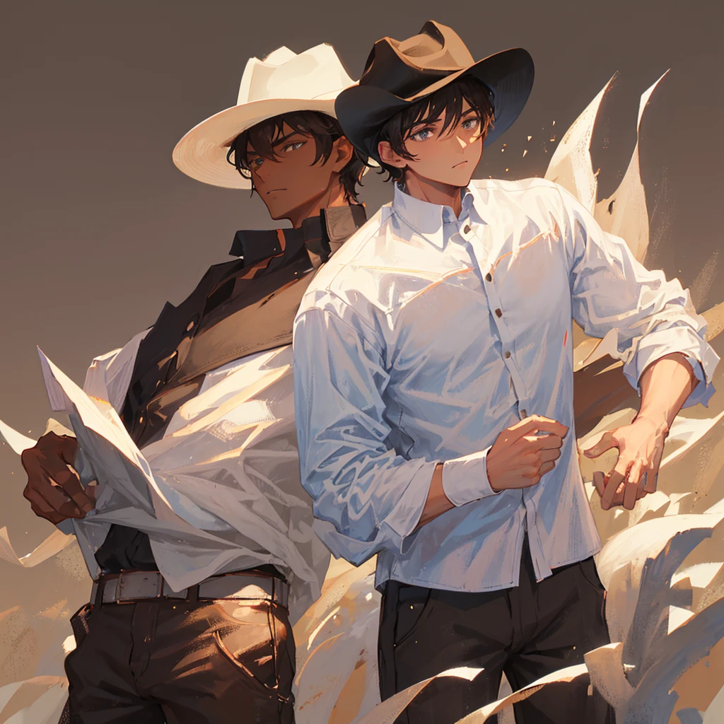 A male，Black short hair，Handsome，Wearing a white shirt，Wearing a brown cowboy hat，Cold，((Plain brown background))