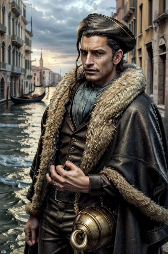 masterpiece, best quality, extremely detailed, hyperrealistic, photorealistic, a cool 40s man, ultra detailed face:1.2, fur-trimmed coat, scarf around the neck, his left hand is a golden pirate hook:1.1, venice, flood, the street is underwater, cloudy sky, dynamic angle, gritting own teeth, surprised