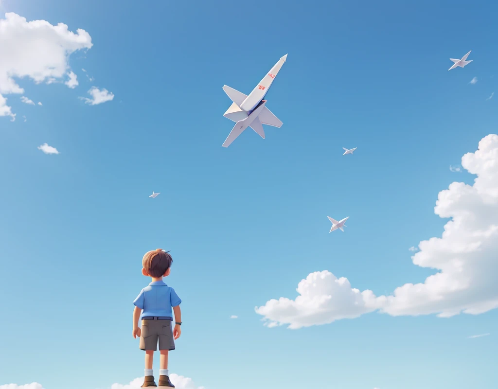 A paper airplane, in the blue sky, standing alone.