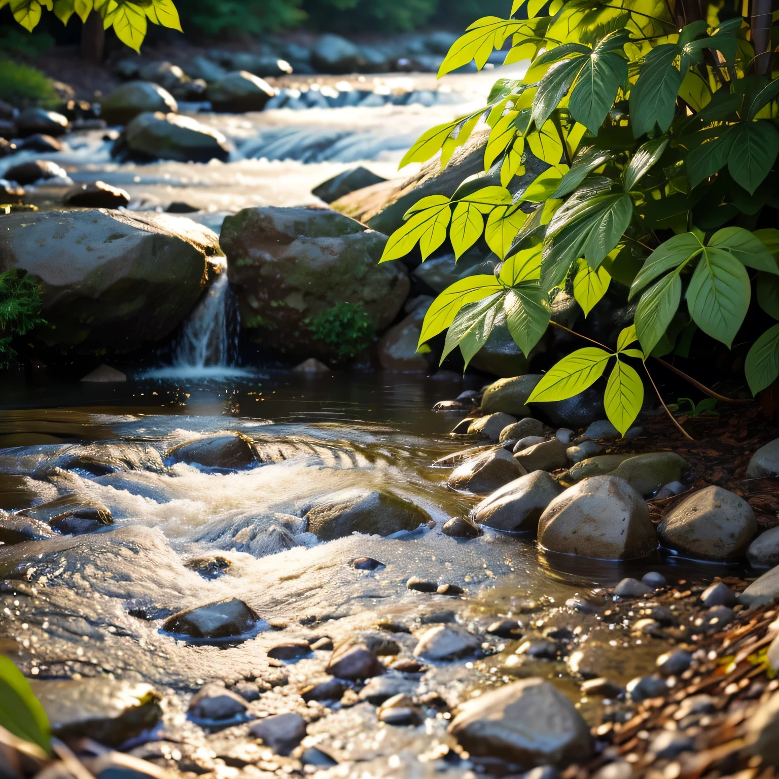 Hyperrealistic photo, ((without deformations)), high resolution, f/15 with great depth of field, 1 close-up of bushes with many leaves, 2 river shot with stones in the middle of bushes