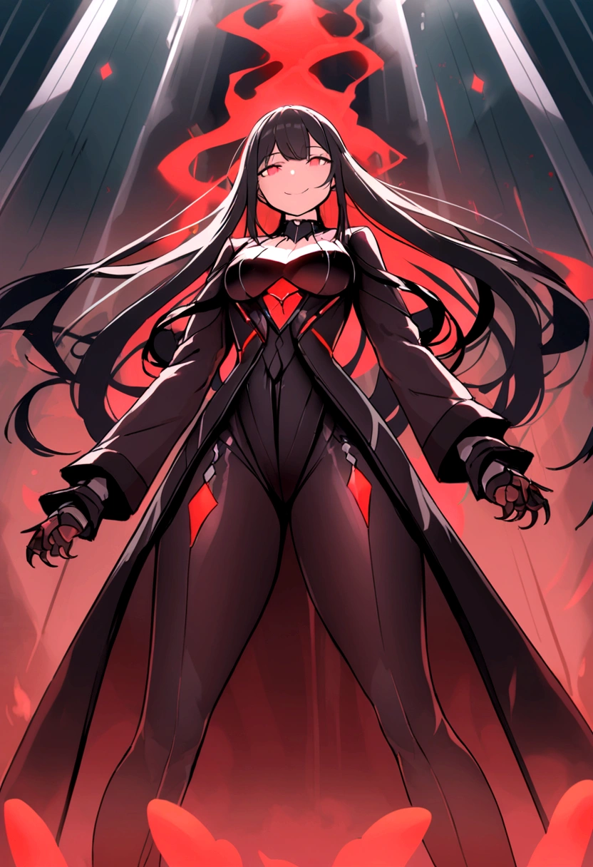 spawns a tall adult woman with long black hair and red eyes, futuristic black clothing using a dark toned jacket, a somewhat deranged smile and with a red aura of power
