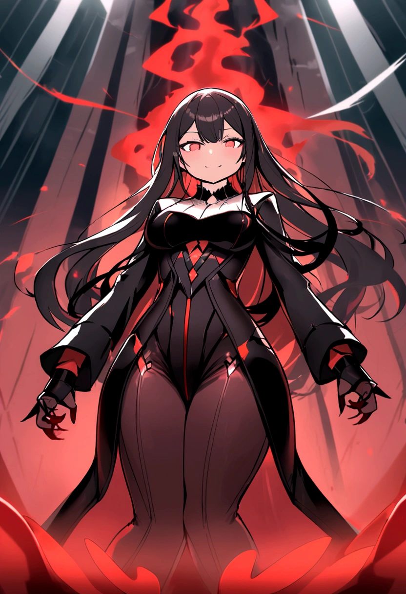 spawns a tall adult woman with long black hair and red eyes, futuristic black clothing using a dark toned jacket, a somewhat deranged smile and with a red aura of power