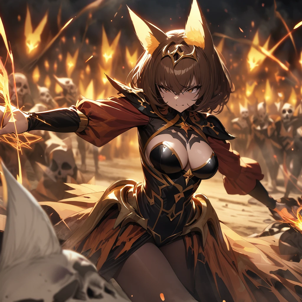 hand drawing, high detail, kitsune necromancer on a battlefield, using magic to raise the dead, sexy outfit, brown hair, brown eyes, evil