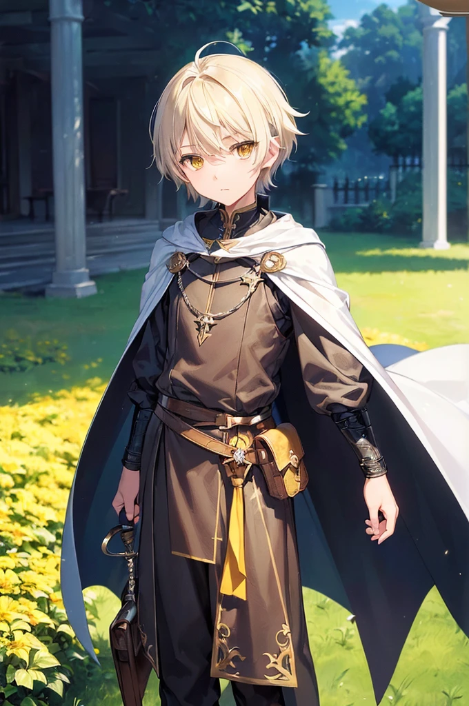 (masterpiece; best quality: 1.2), (finely detailed eyes: 1.3), ((10 year old male kid)), ((solo)), (yellow eyes: 1.4), (body; short, slender: 1.3), (short white hair: 1.3), (beautiful and clear background: 1.2), ((depth of field)), (clothes: traveler dark spellblade attire + cape + pouches and satchel: 1.3), (anime illustration: 1.2), (background; garden exterior: 1.1), (extremely fine and handsome: 1.1), (shot composition; standing + centered on torso + close-up: 1.5), (expression; calm, stoic: 1.2)