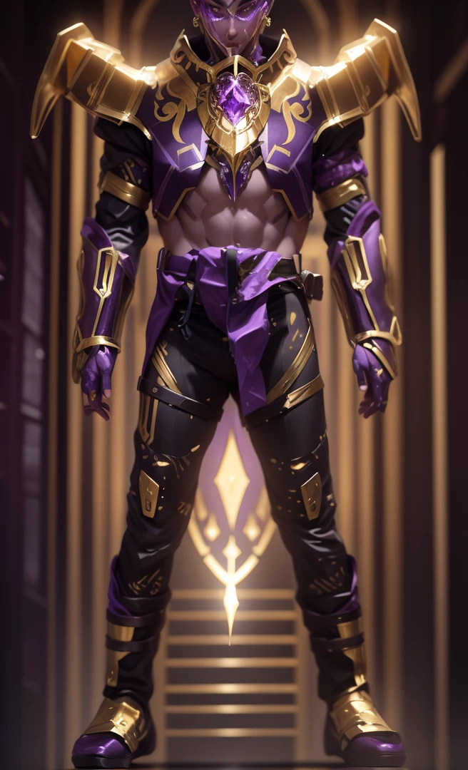 maximum resolution: 1.2), (Ultra HDTV: 1.2), 8K resolution, Eye and skin details, face details, , (Sharp focus: 1, 2), (Precise focus) facial expressions: 1,2), Standing boy, Short hair, Purple hair, (Naked), Natural skin, No hair, Perfect muscles, 6 pack, Sweat on stomach and chest