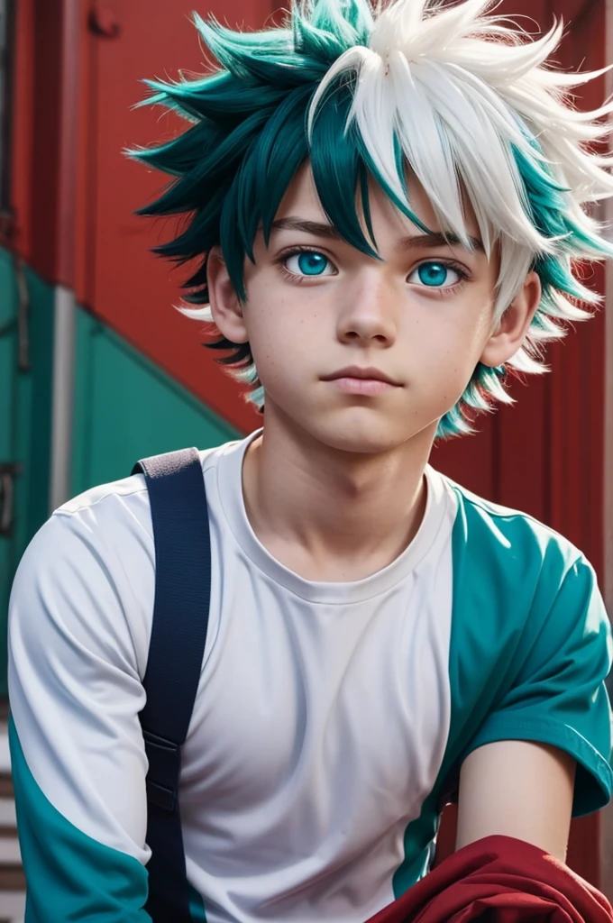Screenshot of my hero academia. Messy short white hair boy, with tips of hair and red bangs, has turquoise eyes, He wears a boy's UA uniform