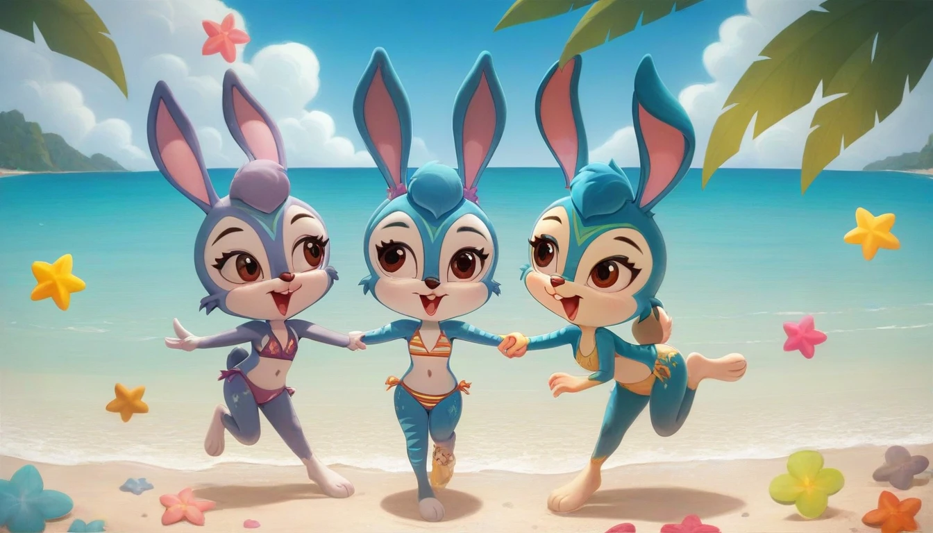 (masterpiece), ((best quality), ((high resolution)), (Extremely detailed CG unity 8k wallpaper),,Beach，seaside， Three bunny girls， Animal ears,open mouth,Smile,hairy,Brown eyes，Look at each other，Look at each other，happy，Perfect hands，Perfect feet,Rabbit Tail,Animal nose,Blue fur,,Blue Hair,stars and stripes bikini，Smile，Elated，hands in arms，