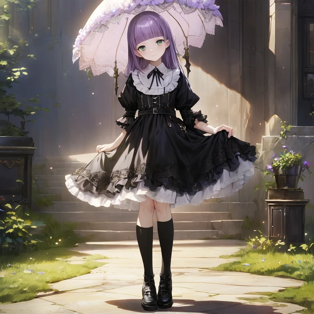 (Cute a girl:1.5), (masterpiece:1.3), anime visual, (Lovey-dovey:1.5), (tilt head:1.3), extremely delicate face, realistic lighting and shading, (an extremely delicate and beautiful art:1.3),15 years old,smiling,(pale purple wavy and blunt bangs hair,green and black eyes:1.5)from front,fullbody shot,full body shot,White brim, black gothic maid outfit, lace parasol, black knee-high socks, leather shoes, outdoors,