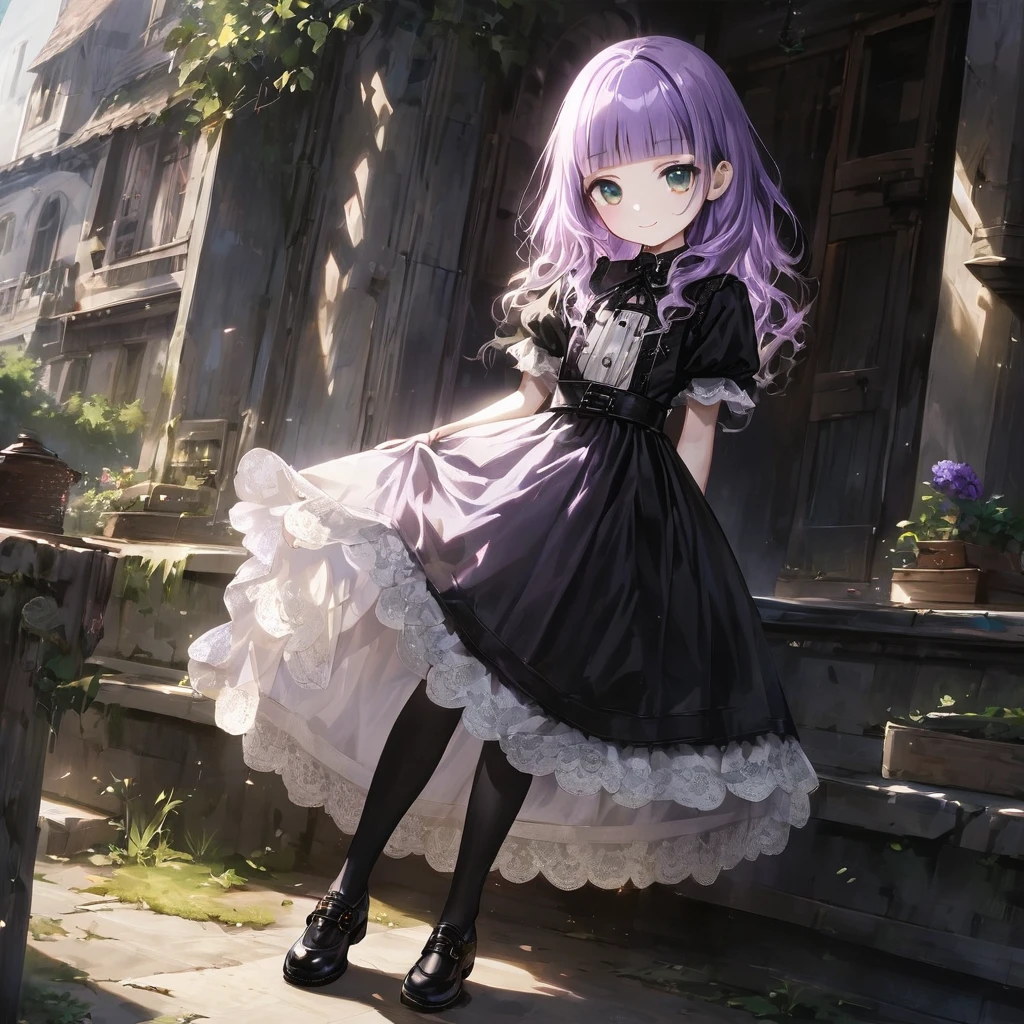 (Cute a girl:1.5), (masterpiece:1.3), anime visual, (Lovey-dovey:1.5), (tilt head:1.3), extremely delicate face, realistic lighting and shading, (an extremely delicate and beautiful art:1.3),,smiling,(pale purple wavy and blunt bangs hair,green and black eyes:1.5)from front,fullbody shot,full body shot,White brim, black gothic maid outfit, lace parasol, black knee-high socks, leather shoes, outdoors,