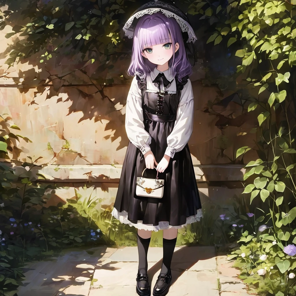 (Cute a girl:1.5), (masterpiece:1.3), anime visual,  (Lovey-dovey:1.5), (tilt head:1.3), extremely delicate face, realistic lighting and shading, (an extremely delicate and beautiful art:1.3),15 years old,smiling,(pale purple wavy and blunt bangs hair,green and black eyes:1.5)from front,fullbody shot,full body shot,White brim, black gothic maid outfit, lace parasol, black knee-high socks, leather shoes, outdoors,