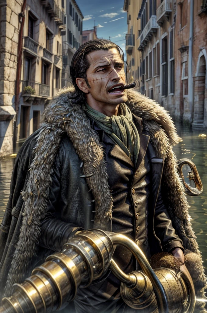 masterpiece, best quality, extremely detailed, hyperrealistic, photorealistic, a cool 40s man, ultra detailed face:1.2, fur-trimmed coat, scarf around the neck, his left hand is a golden pirate hook:1.1, venice, flood, the street is underwater, cloudy sky, dynamic angle, gritting own teeth, surprised