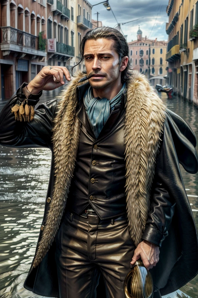 masterpiece, best quality, extremely detailed, hyperrealistic, photorealistic, a cool 40s man, ultra detailed face:1.2, fur-trimmed coat, scarf around the neck, his left hand is a golden pirate hook:1.1, venice, flood, the street is underwater, cloudy sky, dynamic angle, gritting own teeth, surprised