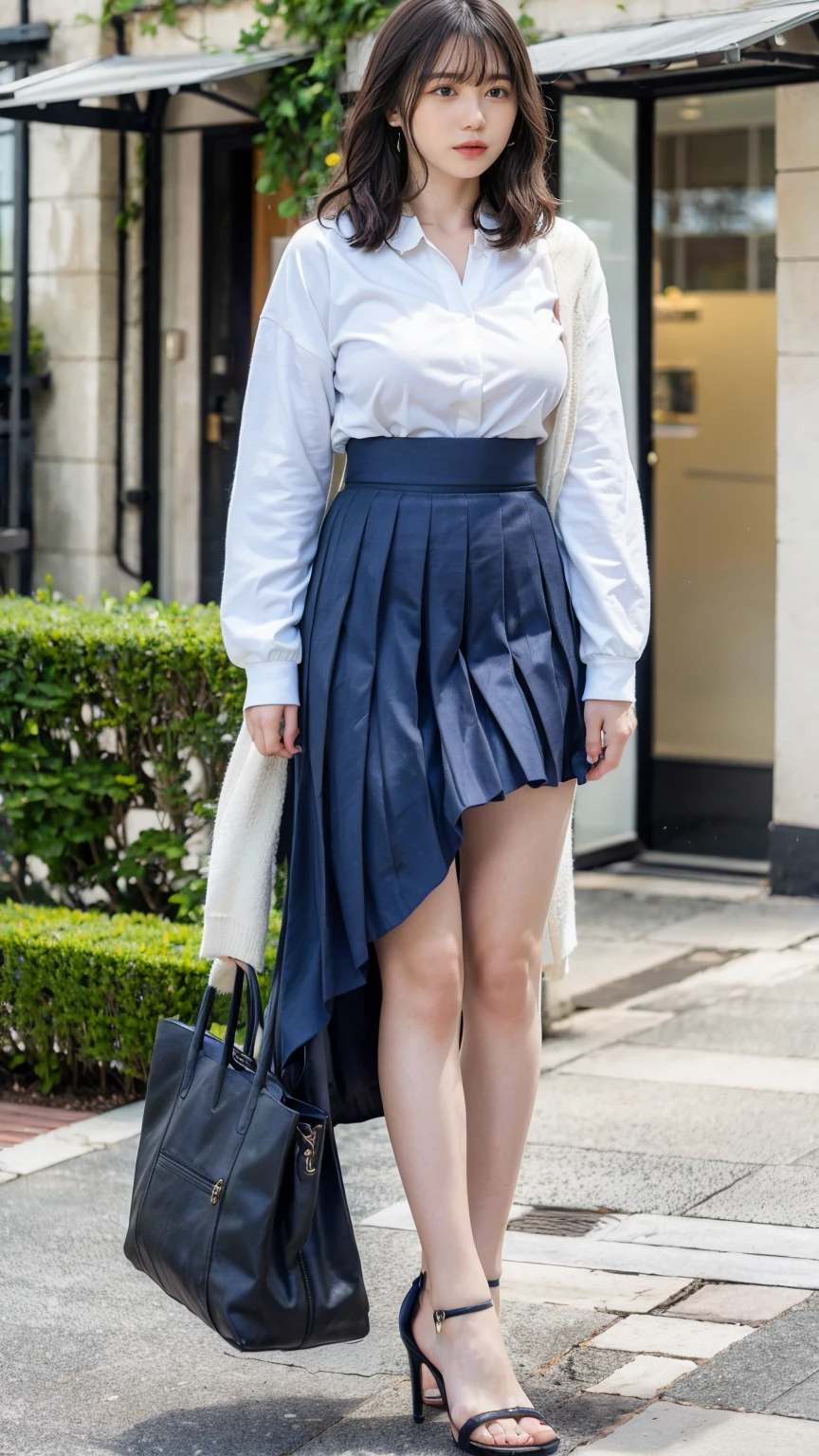 ((Viewing angle from below、Highest quality、masterpiece、32k、Every detail))、(((A strong wind blows up her hair and skirt:1.62)))、Descend the outdoor stairs、commute、Systemic symptoms、Traditional navy blue sailor uniform、White blouse、(((Mini Pleated Skirt, No underwear:1.22)))、(( I always wear the strap of my bag across my body..:1.22))、One Girl, alone、((((Big Breasts:1.44、barefoot, High heels))))