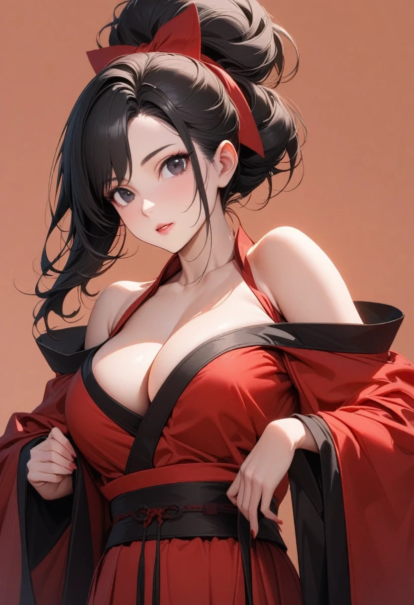 Mature big sister，Black long hair，Hair up，Red Hanfu，Showing cleavage，Show your shoulders，Beautiful black eyes，Extremely detailed，high resolution，Simple background