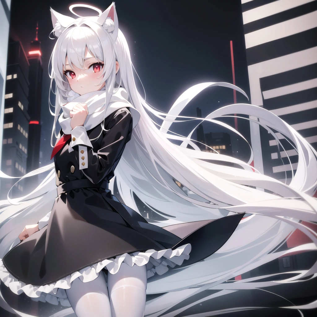 masterpiece, highest quality, highest resolution, clear_image, detailed details, White hair, long hair, cat ears, 1 girl, red eyes, white pantyhose, black dress (black dress with a short skirt) , white scarf, gray futuristic halo, cute, no water marks, city