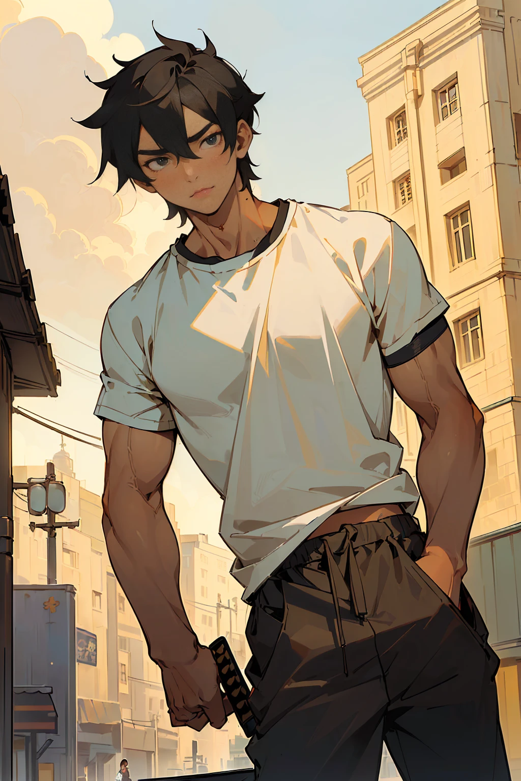 ((((masterpiece,best quality,1boy,male focus,masculine,looking at viewer,solo,closed mouth,teenager,muscle,muscular,samurai,katana)))),(black hair,short messy hair),((pitch black eyes,perfect eyes,bags under eyes,perfect face,calm demeanor)),(((modern clothing,t-shirt,white t-shirt,baggy black pants,jogger pants,golden skin color,standing still,caramel skin color))),((city background,buildings,stores,street,afternoon,cloudy sky))