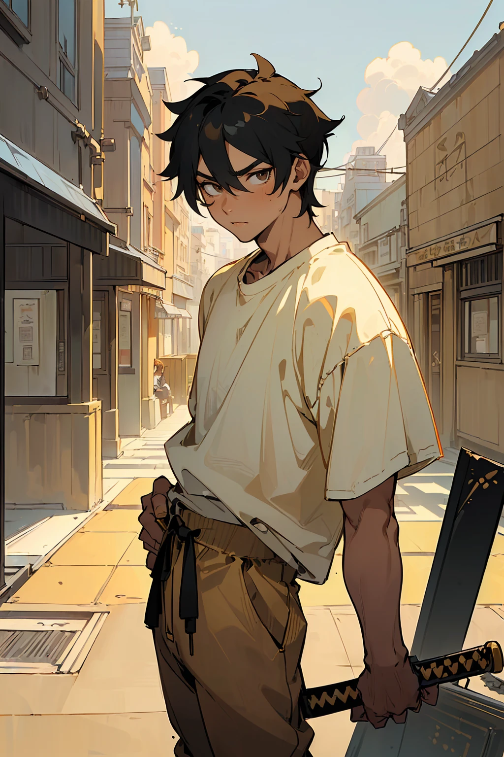 1male , Black Bandages on one arm , Adventurer Clothing , Casual Clothing , Baggy T-Shirt , Multiple Belts , Messy Black Hair , Adult Male , Confident Expression , Standing on path , Magical Forest background 