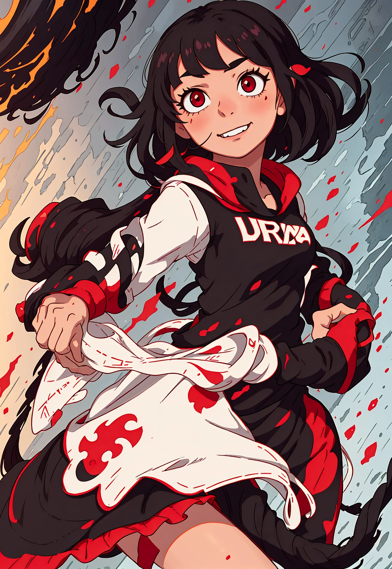 UA student, Women, BROWN SKIN, short black hair, Red eyes, antihero, Little smile, My hero academia style, hands on hip pose, black and red dress, and a short sweatshirt