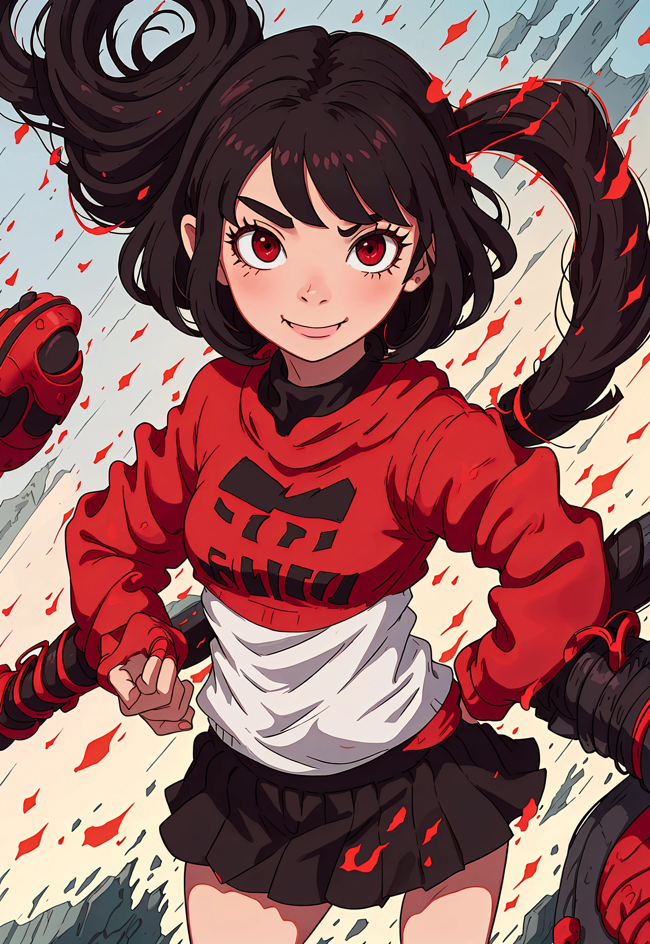 UA student, Women, BROWN SKIN, short black hair, Red eyes, antihero, Little smile, My hero academia style, hands on hip pose, black and red dress, and a short sweatshirt