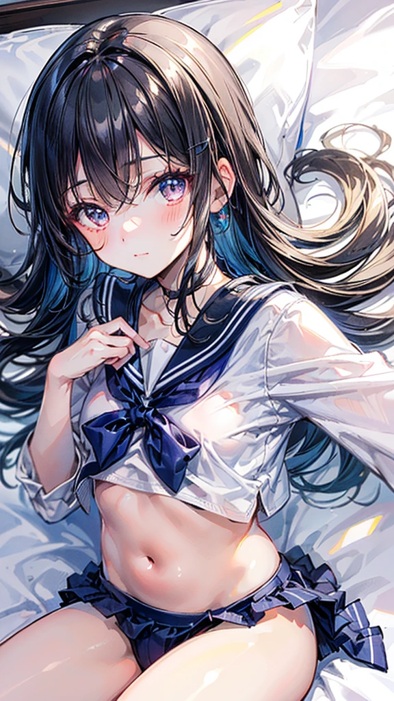 (Best quality, 8k, 32k, Masterpiece, UHD,:1.2),RAW, human, 1girl,ultra cute , ultra cute, natural lighting,transparent shining eyes, 20yo, small breast ,femur, fair complexion , flushed face, sailor suit, lying on bed, on stomach, seductive, From above