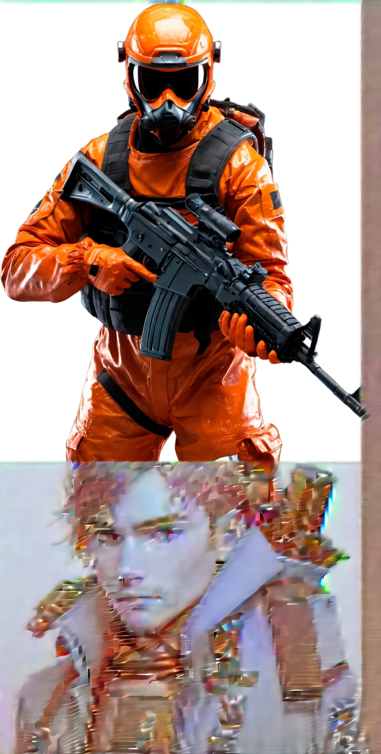 orange and black sharpened man with gun and helmet, futuristic soldier, science fiction soldier, space soldier on mars with a gun, cyberpunk soldier, with futuristic gear and helmet, dressed in tactical armor, fps shooting game, future soldier outfit, Future combat equipment, fps game concept art, wearing tactical equipment, airsoft cqb, tactical equipment