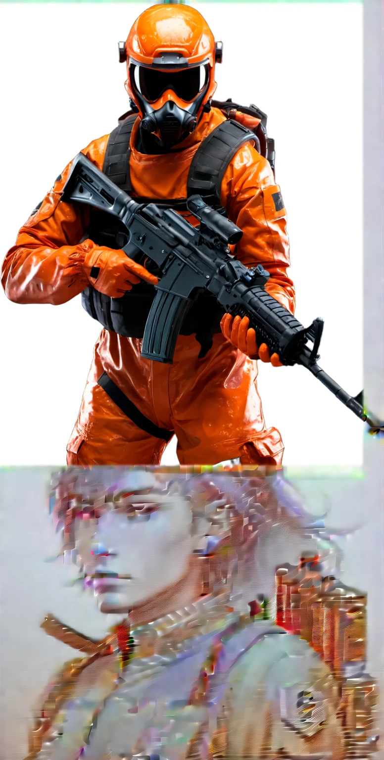 orange and black sharpened man with gun and helmet, futuristic soldier, science fiction soldier, space soldier on mars with a gun, cyberpunk soldier, with futuristic gear and helmet, dressed in tactical armor, fps shooting game, future soldier outfit, Future combat equipment, fps game concept art, wearing tactical equipment, airsoft cqb, tactical equipment