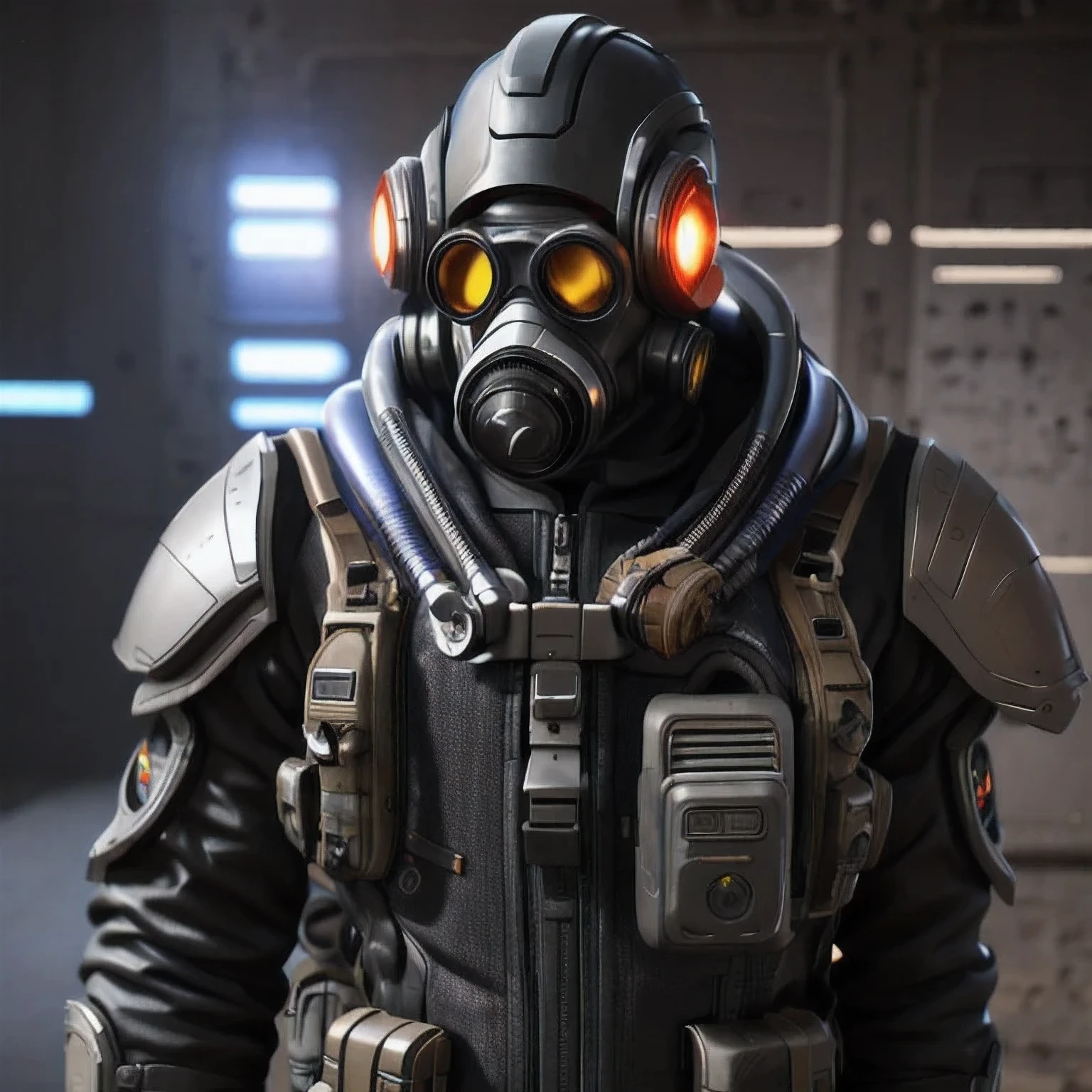 Image of a man wearing a gas mask and goggles, Science Fiction Characters render, 3D rendering style, Science Fiction Characters, Post-apocalyptic explorer, Science Fiction Characters, Stylized 3D rendering, 3 d character render, sci - fi pilot, Sci-fi soldier, character render, Stylized characters, Dusty spacesuit((one person))